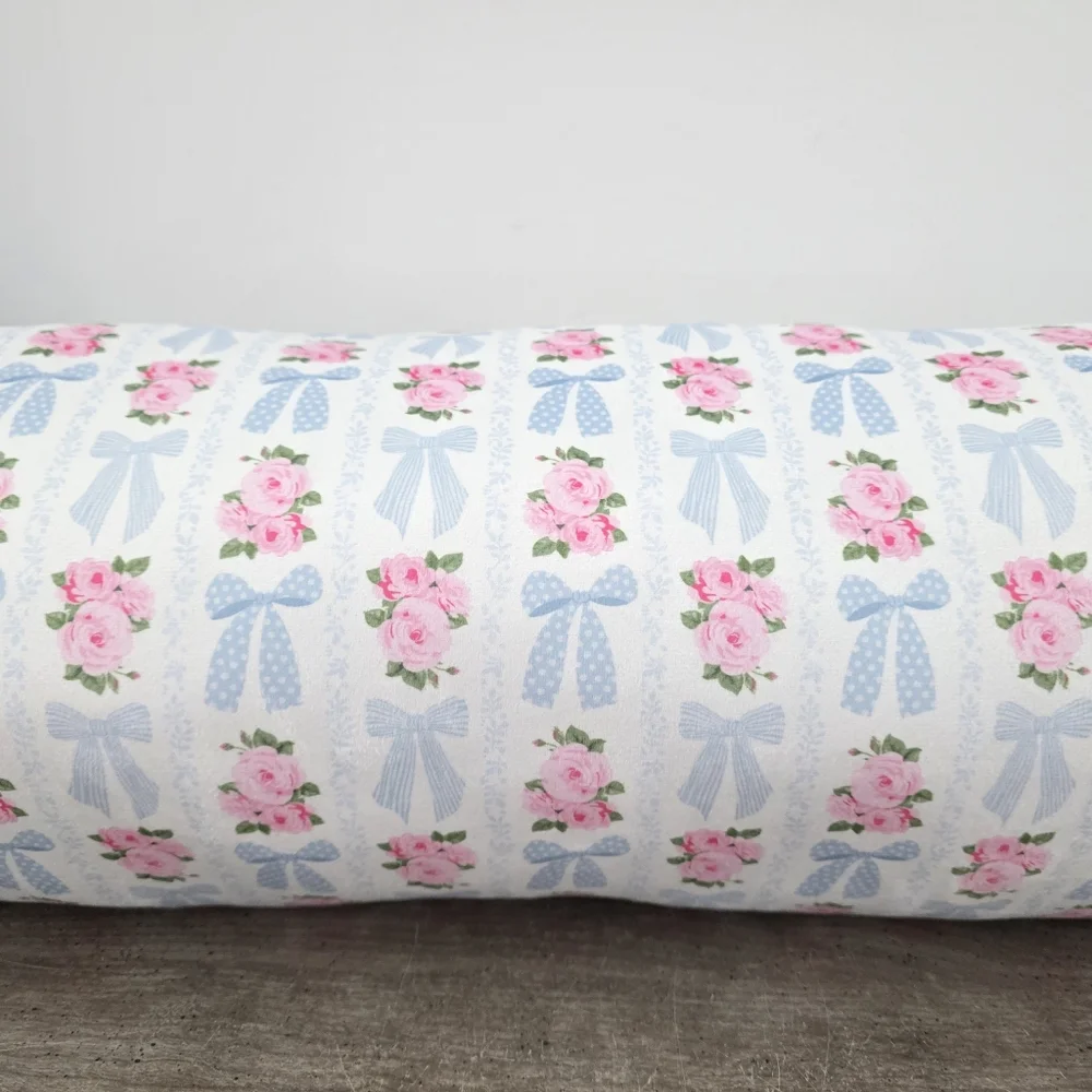 Beautiful Pink Floral Blue Bow Decorative Pillow